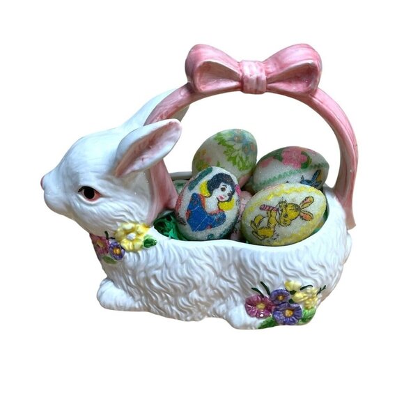 Vintage Ceramic Rabbit Bunny Egg Basket with Sugared Eggs - Picture 1 of 3